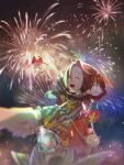  1girl aerith_gainsborough bangs braid braided_ponytail chocobo closed_eyes disembodied_limb final_fantasy final_fantasy_vii fireworks fish floral_print flower goku-chan goldfish hair_flower hair_ornament hair_ribbon hand_fan highres holding_hands japanese_clothes kimono moogle night night_sky open_mouth outstretched_arm paper_fan parted_bangs pointing ribbon sabotender sky smile teeth upper_body upper_teeth 