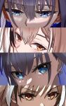  2girls bangs blue_hair blush bow bow_earrings braid braided_bangs brown_eyes brown_hair earrings eyebrows_visible_through_hair flo_ni08 hair_between_eyes hair_intakes highres hololive hololive_english jewelry looking_at_viewer multicolored_hair multiple_girls multiple_views nanashi_mumei ouro_kronii streaked_hair virtual_youtuber 