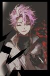  1boy 29_c02 black_gloves black_sweater closed_eyes earrings gloves hand_up jacket jewelry long_sleeves male_focus open_mouth partially_unzipped pink_hair saibou_shinkyoku shattered short_hair smile solo sweater theodore_riddle turtleneck turtleneck_sweater upper_body zipper_pull_tab 