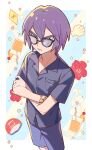  1boy alternate_costume bangs bespectacled black_eyes border breast_pocket buttons closed_mouth collared_shirt commentary_request crossed_arms frown glasses highres male_focus paul_(pokemon) pocket pokemon pokemon_(anime) pokemon_dppt_(anime) purple_hair shirt short_hair short_sleeves shorts solo tuze111 watch watch white_border 