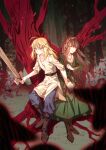  2girls 3orgning ahoge artoria_pendragon_(fate) belt blonde_hair blue_pants boots brown_belt brown_footwear brown_hair dress fate/grand_order fate_(series) forest goblin green_dress green_eyes highres holding holding_hands holding_sword holding_weapon long_hair long_sleeves mixed-language_commentary multiple_girls nature pants short_sleeves sword tree tunic weapon wooden_sword younger 