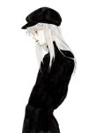  1boy androgynous black_headwear black_shirt closed_mouth hat highres hunter_x_hunter kgeroua kurapika long_hair long_sleeves looking_away male_focus profile red_eyes shirt simple_background solo straight_hair turtleneck upper_body white_background white_hair wig 