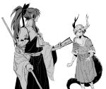  2girls antlers blush closed_eyes detached_sleeves dragon_horns dragon_tail greyscale grin hakama hakurei_reimu highres holding horns japanese_clothes kicchou_yachie long_hair looking_at_another monochrome multiple_girls ponytail profile simple_background smile tail tougou_(goodbye_tender) touhou weapon white_background 