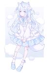  1girl absurdres animal_ears blue_eyes blue_theme bow clouds dress eyebrows_visible_through_hair eyes_visible_through_hair frilled_dress frilled_legwear frills full_body highres light_blue_hair long_sleeves mary_janes open_mouth original purple_bow purple_ribbon ribbon shoes socks solo tail ting_(tingiiio) two_side_up white_dress 