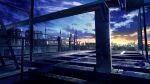  blue_sky blue_theme building city cityscape clouds commentary_request highres ladder no_humans original rooftop scenery sky skyscraper smile_(qd4nsvik) sunset 