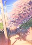  blue_sky cherry_blossoms clouds commentary_request highres no_humans original outdoors power_lines road scenery shadow sky smile_(qd4nsvik) stairs street tree utility_pole 