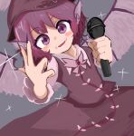  1girl animal_ears asutoro_(s--t) bird_ears bird_wings blush_stickers brown_dress brown_headwear dress eyebrows_visible_through_hair fingernails grey_background holding holding_microphone long_fingernails long_sleeves microphone mystia_lorelei nail_polish open_mouth pink_eyes pink_hair purple_nails sharp_fingernails short_hair simple_background smile solo touhou white_wings winged_hat wings 