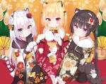  3girls animal animal_ears animal_hands animal_on_lap bamboo bangs black_cat black_hair blonde_hair blue_eyes blush bow cafe_omusubiya cat cat_on_lap character_request chinese_zodiac clothed_animal expressionless feet flower fur_collar gloves hair_bow hair_flower hair_ornament hand_fan hand_up heterochromia highres hugging_own_legs isoroku_(isrk) japanese_clothes kimono knees_to_chest knees_up long_hair long_sleeves looking_at_viewer multiple_girls new_year obi on_lap original pacifier parted_lips paw_gloves paw_pose print_kimono red_eyes sash seiza short_hair sitting smile socks striped_tail stuffed_animal stuffed_bunny stuffed_toy tail teddy_bear tiger_ears tiger_tail tukimiya_ran twintails white_hair wide_sleeves year_of_the_tiger 