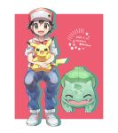  1boy :d artist_name bangs border brown_eyes bulbasaur cocoloco commentary_request dated hat holding holding_pokemon invisible_chair jacket looking_at_viewer male_focus open_mouth pants pikachu pokemon pokemon_(creature) pokemon_(game) pokemon_rgby red_(pokemon) red_headwear shoes short_hair short_sleeves sitting smile tongue twitter_username white_border 