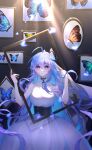  1girl bug butterfly douluo_dalu dress glowing_butterfly highres lan_wa light_rays long_hair looking_at_viewer multicolored_eyes multicolored_hair painting_(object) sad solo sparkle tang_wutong_(douluo_dalu) tears upper_body white_dress 