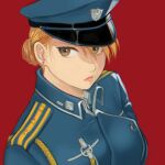  1girl aiguillette amestris_military_uniform bangs blonde_hair blue_headwear breasts closed_mouth earrings eyelashes from_above from_side fullmetal_alchemist hair_between_eyes hair_bun hat jewelry lips long_sleeves looking_up ozaki_(tsukiko3) peaked_cap red_background riza_hawkeye sideways_glance simple_background single_hair_bun solo star_(symbol) stud_earrings updo yellow_eyes 