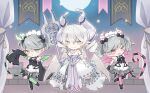  3girls bangs blush bow chibi dress duel_monster gloves green_eyes grey_eyes grey_hair hair_bow hair_ornament highres horns labrynth_of_the_silver_castle labrynth_servant_arianna labrynth_servant_arianne looking_at_viewer maid maid_headdress moon multiple_girls no_panties pink_eyes pointy_ears watamoofu weapon wings yu-gi-oh! 
