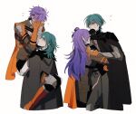 2boys 2girls assertive_female byleth_(fire_emblem) byleth_eisner_(female) byleth_eisner_(male) cape capelet covering_face embarrassed fire_emblem fire_emblem:_three_houses fire_emblem_warriors:_three_hopes green_hair hair_bun hetero highres lifting_person long_hair looking_at_another medium_hair multiple_boys multiple_girls oratoza purple_hair shez_(fire_emblem) shez_(fire_emblem)_(female) shez_(fire_emblem)_(male) short_hair