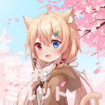  1girl :3 :d absurdres ahoge animal_ear_fluff animal_ears blonde_hair blue_eyes blue_sky blush bow cat_ears cat_girl cat_tail cherry_blossoms eleven-sora eyebrows_visible_through_hair hair_bow hair_ornament hair_over_shoulder hair_ribbon heterochromia highres hood hood_down leaf_hair_ornament long_hair looking_at_viewer low_twintails open_mouth original outdoors red_eyes ribbon sky smile solo tail tail_raised twintails white_bow white_ribbon x_hair_ornament 