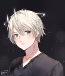1boy artist_name bangs black_background black_shirt collarbone commentary commission dated english_commentary eyebrows_behind_hair green_eyes grey_hair hair_between_eyes halo kobutanori male_focus original parted_lips shirt solo upper_body