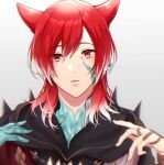  1boy animal_ears bangs black_cape cape cat_ears crystal_exarch facial_mark final_fantasy final_fantasy_xiv g&#039;raha_tia grey_background hair_between_eyes looking_at_viewer medium_hair miqo&#039;te parted_lips red_eyes redhead rogobo_(rgb_0127) solo upper_body 