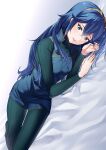  1girl ameno_(a_meno0) blue_eyes blue_hair breasts fire_emblem fire_emblem_awakening long_hair long_sleeves lucina_(fire_emblem) lying on_bed on_side open_mouth pantyhose small_breasts smile solo symbol-shaped_pupils tiara very_long_hair 