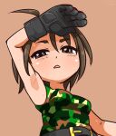  1girl armpits belt breasts brown_eyes brown_hair camouflage camouflage_tank_top gloves highres hiru_made_ne-tarou kazama_akira looking_at_viewer open_mouth rival_schools short_hair simple_background solo sweat tank_top 