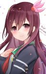  1girl absurdres blue_jacket brown_hair crescent crescent_pin eiji_(monochromexd) green_sailor_collar highres jacket kantai_collection kisaragi_(kancolle) kisaragi_kai_ni_(kancolle) long_hair looking_at_viewer neckerchief one-hour_drawing_challenge red_neckerchief sailor_collar school_uniform serafuku smile solo upper_body violet_eyes 