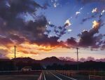  building car clouds commentary_request evening fence ground_vehicle house lamppost mizuasagi motor_vehicle no_humans original outdoors power_lines road road_sign scenery sign sky twilight utility_pole 