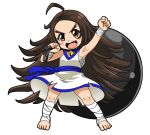  1girl armpits ball_and_chain_(weapon) barefoot blush_stickers brown_eyes brown_hair chang_koehan full_body genderswap genderswap_(mtf) iron_ball long_hair looking_at_viewer open_mouth pretty_chang simple_background smile solo the_king_of_fighters the_king_of_fighters_all-stars white_background yuuya_(blue_scarab) 