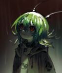 1girl antennae black_jacket blurry blurry_background breasts choker eyebrows_visible_through_hair green_hair hair_between_eyes highres jacket looking_up original rain red_eyes short_hair small_breasts smile solo tank_top upper_body v1v404 