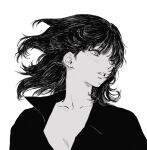  1girl bangs collarbone commentary english_commentary floating_hair freckles hair_flaps kgeroua looking_away looking_to_the_side original parted_lips portrait short_hair simple_background solo 