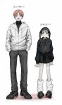  1boy 1girl black_footwear black_hair black_serafuku black_skirt brown_hair closed_mouth collarbone earrings eyebrows_visible_through_hair fang gakudayo grey_background hands_in_pockets height_difference highres hood hood_down hoodie jewelry light_brown_hair long_hair looking_at_another open_mouth original puddle puddle_of_blood ribbed_sweater school_uniform serafuku simple_background single_earring skirt sweater turtleneck turtleneck_sweater twintails uniform violet_eyes white_hoodie yellow_eyes zipper zipper_pull_tab 
