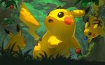  berry_(pokemon) black_eyes blurry closed_eyes commentary_request day grass mouth_hold no_humans open_mouth oran_berry outdoors pikachu pokemon pokemon_(creature) tongue tree yamamura_le 