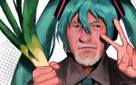  1boy 2002_(02pollos) alternate_costume aqua_eyes aqua_hair aqua_necktie artist_name bangs beard breaking_bad closed_mouth collared_shirt commentary cosplay english_commentary facial_hair food grey_shirt hair_between_eyes hair_ornament hands_up hatsune_miku hatsune_miku_(cosplay) highres holding holding_food holding_spring_onion holding_vegetable long_hair male_focus mike_ehrmantraut mustache necktie old old_man realistic shirt sidelocks solo spring_onion twintails upper_body v vegetable vocaloid watermark what white_background 