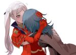  2girls armor black_coat blue_hair blush breasts byleth_(fire_emblem) byleth_eisner_(female) cape coat edelgard_von_hresvelg fire_emblem fire_emblem:_three_houses gauntlets gloves grey_hair highres hug large_breasts long_hair looking_at_another medium_hair multiple_girls nieto_tokage official_alternate_hairstyle red_cape red_gloves side_ponytail simple_background sweatdrop violet_eyes white_background yuri 