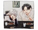  2boys ;o black_hair black_shirt border bow brothers chair chopsticks collared_shirt cup dress drinking_glass eating elbow_on_table fat fat_man food fork furrowed_brow grey_hair hand_up hands_up highres holding holding_food hunter_x_hunter killua_zoldyck knife layered_sleeves long_sleeves male_focus meat messy_hair milk milluki_zoldyck multiple_boys necomu one_eye_closed open_mouth plate pointing scolding shirt short_hair short_over_long_sleeves short_sleeves siblings spoon sweat turtleneck uneven_eyes upper_body white_shirt 