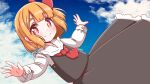  1girl ascot black_vest blonde_hair blue_sky blush clouds day hair_ribbon highres long_sleeves looking_at_viewer neck_bobbles outdoors outstretched_arms red_eyes ribbon roco_(katsuya1011) rumia shirt short_hair skirt sky smile solo touhou vest white_shirt 