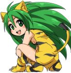  1girl animal_ears animal_hands animal_print breasts cat_ears cat_tail cham_cham fang full_body gloves green_eyes green_hair long_hair looking_at_viewer open_mouth paw_gloves paw_shoes samurai_spirits simple_background sketch small_breasts smile solo tail tiger_print white_background yuuya_(blue_scarab) 