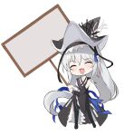  1girl :d arknights black_dress black_headwear black_legwear chibi closed_eyes dress fang full_body highres holding holding_sign long_hair long_sleeves multico pantyhose sign simple_background skin_fang smile solo specter_(arknights) specter_the_unchained_(arknights) template very_long_hair white_background white_hair 