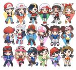  6+boys 6+girls :d arm_up backwards_hat beanie bike_shorts bike_shorts_under_shorts black_hair black_legwear black_pants black_shirt black_vest blonde_hair blue_jacket boots bow_hairband bracelet brendan_(pokemon) bright_pupils brown_eyes brown_hair calem_(pokemon) chibi clenched_hands coat commentary_request denim denim_shorts elio_(pokemon) ethan_(pokemon) eyelashes eyewear_on_headwear grey_eyes hair_ornament hairband hairclip hat highres hikari_(pokemon) hilbert_(pokemon) hilda_(pokemon) hood hood_down hooded_jacket jacket jewelry leaf_(pokemon) leg_up legs_apart legwear_under_shorts long_hair looking_at_viewer loose_socks lucas_(pokemon) lyra_(pokemon) may_(pokemon) multiple_boys multiple_girls nate_(pokemon) one_eye_closed open_clothes open_mouth open_vest overalls pants pantyhose pigeon-toed pink_footwear pink_headwear pleated_skirt pokemon pokemon_(game) pokemon_bw pokemon_bw2 pokemon_dppt pokemon_frlg pokemon_hgss pokemon_oras pokemon_platinum pokemon_sm pokemon_usum pokemon_xy raglan_sleeves red_(pokemon) red_coat red_footwear red_headwear red_jacket red_shirt rosa_(pokemon) scarf selene_(pokemon) serena_(pokemon) shirt shoes short_sleeves shorts skirt sleeveless sleeveless_shirt smile sneakers standing sunglasses thigh-highs vest visor_cap white_background white_headwear white_legwear white_pupils white_scarf white_shirt wristband yellow_shorts yukin_(es) zipper_pull_tab 