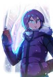  1boy bangs black_eyes blurry breath commentary_request hand_in_pocket hand_up highres holding holding_phone hood hood_down hooded_jacket jacket long_sleeves male_focus mittens outdoors parted_lips paul_(pokemon) phone pokemon pokemon_(anime) pokemon_dppt_(anime) purple_hair rotom rotom_phone short_hair snowing solo sparkle tuze111 upper_body 