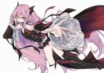  1girl bat_wings black_dress black_footwear boots breasts detached_sleeves dress frilled_dress frilled_sleeves frills gothic_lolita hands_on_own_face head_wings krul_tepes lolita_fashion long_hair long_sleeves looking_at_viewer mimelond owari_no_seraph pink_hair pointy_ears red_eyes short_dress slit_pupils small_breasts thigh_boots vampire very_long_hair white_background wings 