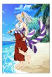  1girl akmn aqua_hair arms_at_sides bare_arms bare_shoulders barefoot beach blue_sky blurry blurry_background border chain clothes_lift cuffs curled_horns earrings floating_hair foot_up from_side full_body green_hair grey_hair hair_ornament hair_stick hakama hakama_pants high_ponytail highres horizon horns japanese_clothes jewelry kimono leaning_to_the_side lifted_by_self long_hair looking_down multicolored_hair multicolored_horns ocean one_piece oni open_mouth orange_eyes palm_tree pants red_hakama red_horns rope sand shackles shimenawa sidelocks sky sleeveless sleeveless_kimono smile solo standing standing_on_one_leg toes tree very_long_hair water yamato_(one_piece) yellow_horns 
