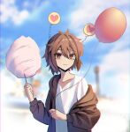  1boy 7himebdgd balloon black_jacket brown_eyes brown_hair candy child chromatic_aberration closed_mouth clouds cotton_candy eyebrows_visible_through_hair film_grain food hair_between_eyes heart highres holding holding_balloon holding_candy holding_food isoi_haruki jacket korean_commentary long_sleeves male_child male_focus open_clothes open_jacket outdoors saibou_shinkyoku shirt short_hair sky smile solo white_shirt 