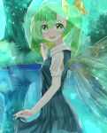  1girl :d aliz_wp514lov bangs blush bow cowboy_shot daiyousei dress eyebrows_visible_through_hair fairy_wings from_side green_dress green_eyes green_hair hair_bow heart highres light_rays long_hair looking_at_viewer open_mouth outdoors puffy_sleeves short_sleeves smile solo symbol-shaped_pupils touhou wings 