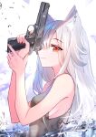  07touka25 1girl animal_ear_fluff animal_ears bangs bare_shoulders breasts earrings eyebrows_visible_through_hair gun hair_between_eyes hair_over_shoulder handgun hands_up highres holding holding_gun holding_weapon jewelry long_hair looking_at_viewer m1911 partially_submerged pistol profile red_eyes sideboob sleeveless solo splashing upper_body wading water weapon white_hair 