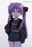  1girl backpack bag bangs black_shorts black_sweater commentary_request eyebrows_visible_through_hair haaam hair_ribbon hand_on_hip highres hiiragi_kagami long_hair long_sleeves looking_at_viewer lucky_star purple_hair red_ribbon ribbon shorts sleeves_past_wrists solo sweater thighs twintails violet_eyes 