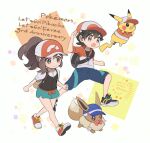  1boy 1girl anniversary artist_name backpack bag bangs baseball_cap black_footwear brown_bag brown_eyes brown_hair chase_(pokemon) clenched_hands closed_mouth clothed_pokemon cocoloco commentary_request copyright_name dated elaine_(pokemon) green_shorts hat hatted_pokemon jacket pikachu pokemon pokemon_(game) pokemon_lgpe ponytail shirt shoes short_sleeves shorts side_slit side_slit_shorts sidelocks smile sneakers star_(symbol) twitter_username 
