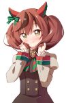  1girl bangs blush bow bowtie bright_pupils brown_dress brown_hair closed_mouth collared_dress cowboy_shot diagonal-striped_bow dress ear_covers eyebrows_visible_through_hair eyes_visible_through_hair green_bow green_bowtie hair_between_eyes hair_bow hair_ornament hands_in_hair haru_(konomi_150) highres horse_girl juliet_sleeves long_hair long_sleeves looking_at_viewer multicolored_bowtie multicolored_hair nice_nature_(umamusume) puffy_sleeves red_bow red_bowtie simple_background smile solo standing straight_hair tsurime twintails two-tone_hair umamusume white_background yellow_eyes 