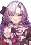  1girl bangs blurry blurry_foreground blush brown_gloves brown_hairband brown_ribbon chest_tattoo dress drill_hair gloves hair_ornament hair_ribbon hairband hand_on_own_chest highres hyakumantenbara_salome long_hair long_sleeves nijisanji off_shoulder outstretched_arm parted_lips purple_hair reaching_out red_dress ribbon ryota_(ry_o_ta) smile solo tattoo violet_eyes virtual_youtuber 