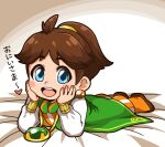  1girl blue_eyes blush_stickers brown_hair dress earrings final_fantasy final_fantasy_iv full_body hands_on_own_face jewelry looking_at_viewer lying open_mouth palom short_hair smile solo yuuya_(blue_scarab) 