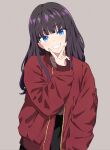  1girl bangs black_hair blue_eyes blunt_bangs commentary eyebrows_visible_through_hair grey_background haaam highres jacket long_hair long_sleeves open_clothes open_jacket original red_jacket simple_background smile solo teeth upper_body v 
