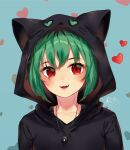  1girl :d animal_ears animal_hood artist_name bangs black_hoodie blue_background cat_ears cat_hood commentary commission dated english_commentary eyebrows_visible_through_hair fake_animal_ears green_hair heart heart_background hood hood_up hoodie kobutanori looking_at_viewer magatama magatama_necklace original red_eyes scar scar_across_eye simple_background smile solo upper_body 