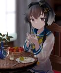  1girl anchor anchor_symbol apple basket black_hair black_legwear blue_sailor_collar blurry blurry_background bonozako brown_eyes candle chair cheese curtains depth_of_field eating flower food fork fruit glass gradient_hair grapes grey_hair hat headgear highres indoors kantai_collection mini_hat multicolored_hair neckerchief pantyhose plant potted_plant sailor_collar shirt short_hair short_hair_with_long_locks sidelocks sitting smokestack_hair_ornament solo table tied_shirt tokitsukaze_(kancolle) tomato water window yellow_neckerchief 